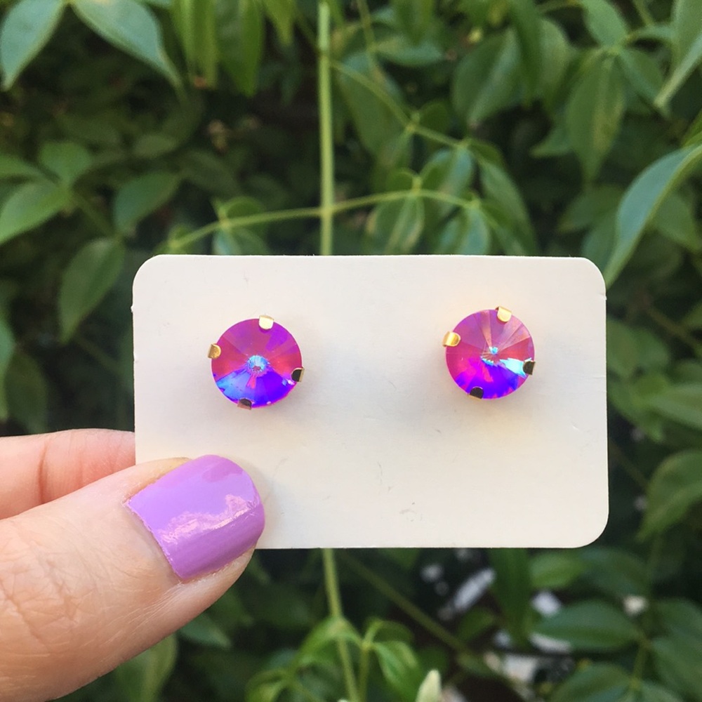 Fuchsia Hot Pink Aurora Borealis + Gold Rivoli Crystal Earrings - Picture 6 of 13